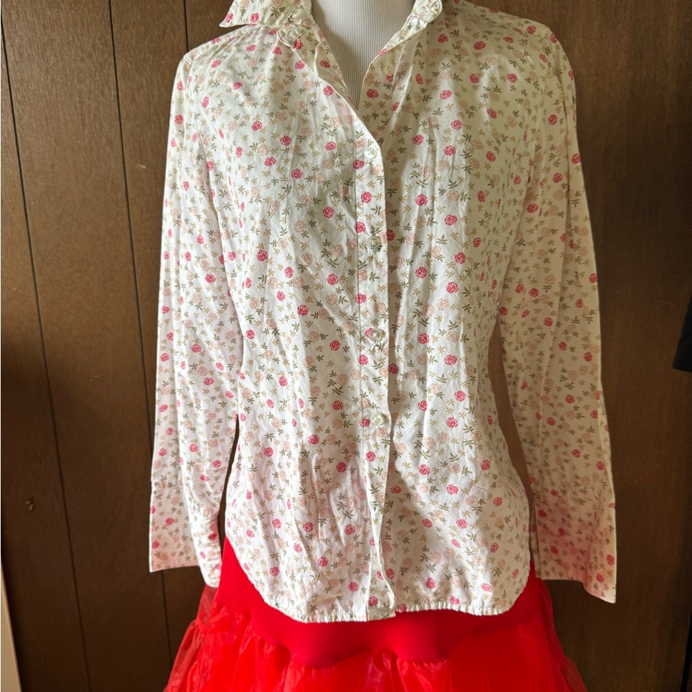 Hanna Andersson White and Pink Floral Blouse with Classic Collar